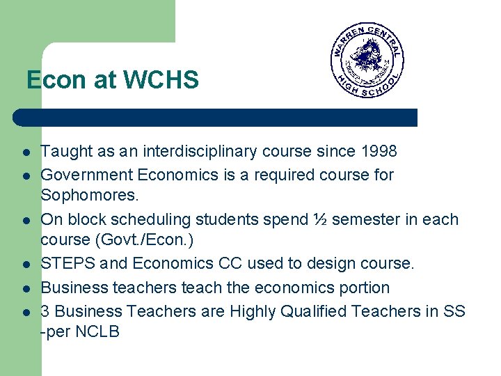 Econ at WCHS l l l Taught as an interdisciplinary course since 1998 Government