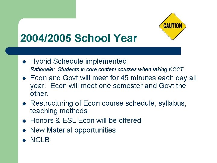 2004/2005 School Year l Hybrid Schedule implemented Rationale: Students in core content courses when