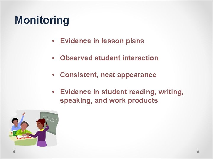 Monitoring • Evidence in lesson plans • Observed student interaction • Consistent, neat appearance