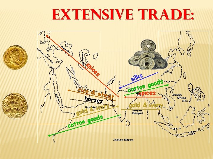 Extensive Trade: sp ic es rice & whea horses t vory i & gold
