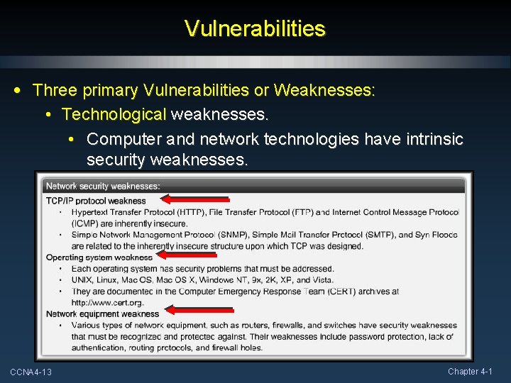 Vulnerabilities • Three primary Vulnerabilities or Weaknesses: • Technological weaknesses. • Computer and network