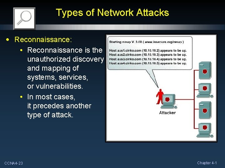 Types of Network Attacks • Reconnaissance: • Reconnaissance is the unauthorized discovery and mapping