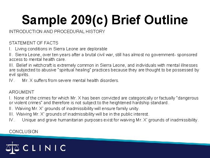 Sample 209(c) Brief Outline INTRODUCTION AND PROCEDURAL HISTORY STATEMENT OF FACTS I. Living conditions