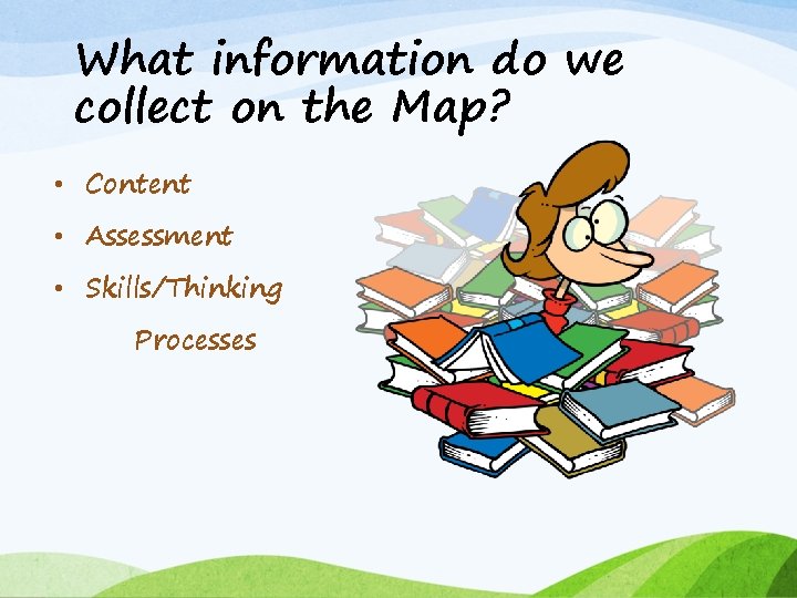 What information do we collect on the Map? • Content • Assessment • Skills/Thinking