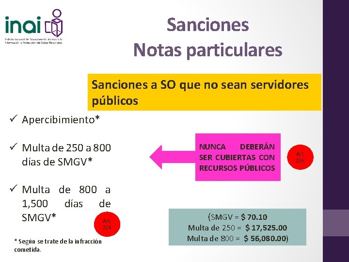 Sanciones Notas particulares Sanciones a SO que no sean servidores públicos ü Apercibimiento* ü