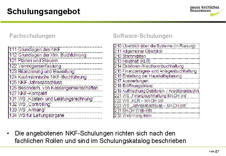 Schulungsangebot Fachschulungen Software-Schulungen • Die angebotenen NKF-Schulungen richten sich nach den fachlichen Rollen und