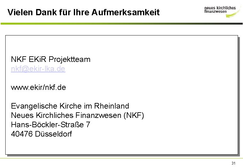 Vielen Dank für Ihre Aufmerksamkeit NKF EKi. R Projektteam nkf@ekir-lka. de www. ekir/nkf. de