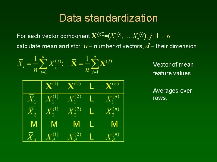 Data standardization For each vector component X(j)T=(X 1(j), . . . Xd(j)), j=1. .