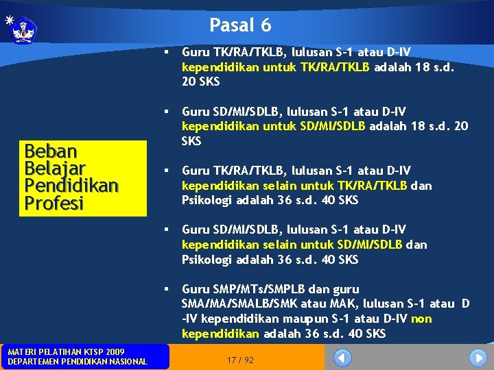 Pasal 6 Beban Belajar Pendidikan Profesi MATERIPELATIHANKTSP 2009 MATERI DEPARTEMENPENDIDIKANNASIONAL DEPARTEMEN § Guru TK/RA/TKLB,