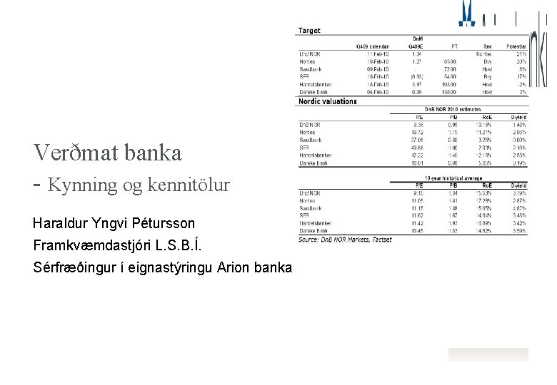 Verðmat banka - Kynning og kennitölur Haraldur Yngvi Pétursson Framkvæmdastjóri L. S. B. Í.