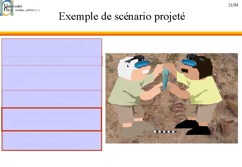 31/84 Exemple de scénario projeté • Un archéologue travaille • Il trouve un objet