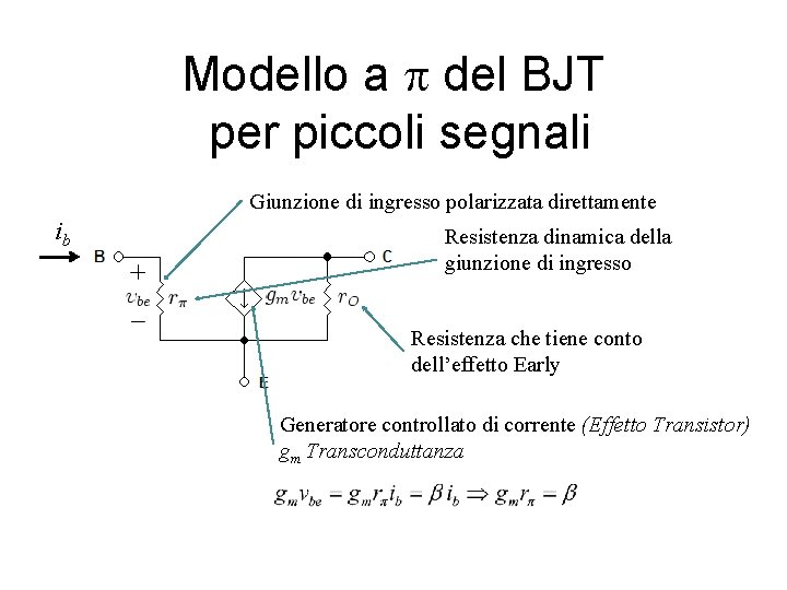 Modello a p del BJT per piccoli segnali Giunzione di ingresso polarizzata direttamente ib