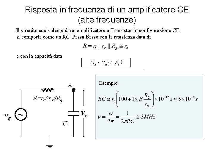 Risposta in frequenza di un amplificatore CE (alte frequenze) Il circuito equivalente di un