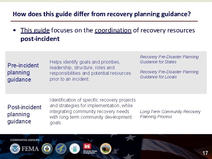 How does this guide differ from recovery planning guidance? • This guide focuses on