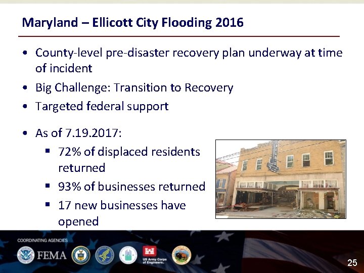 Maryland – Ellicott City Flooding 2016 • County-level pre-disaster recovery plan underway at time