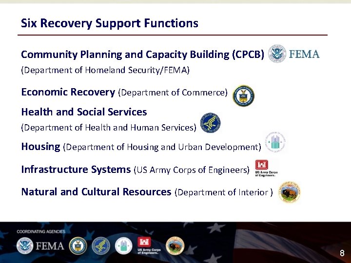 Six Recovery Support Functions Community Planning and Capacity Building (CPCB) (Department of Homeland Security/FEMA)