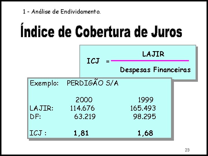 1 - Análise de Endividamento. ICJ = Exemplo: LAJIR: DF: ICJ : LAJIR Despesas