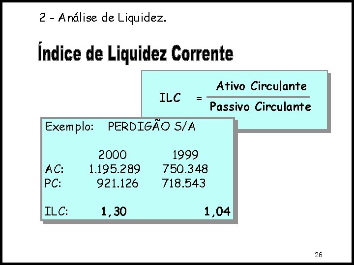 2 - Análise de Liquidez. ILC Exemplo: Ativo Circulante = Passivo Circulante PERDIGÃO S/A