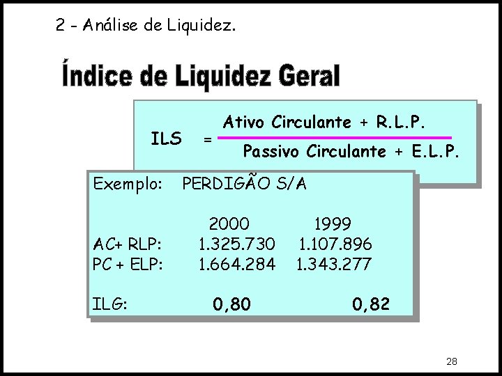 2 - Análise de Liquidez. ILS Exemplo: AC+ RLP: PC + ELP: ILG: =