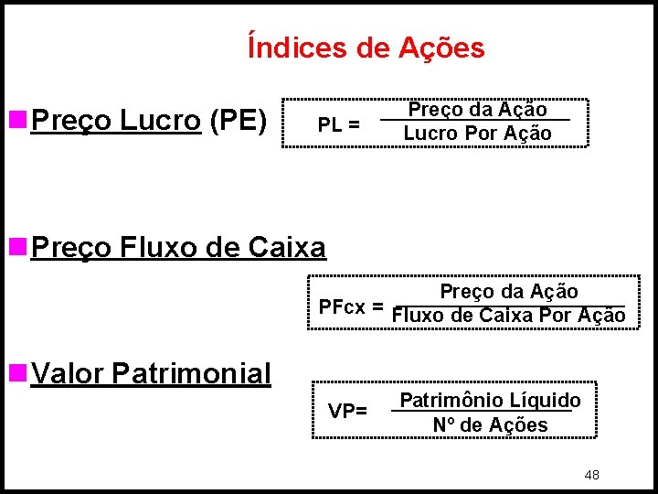 Índices de Ações n Preço Lucro (PE) PL = Preço da Ação Lucro Por