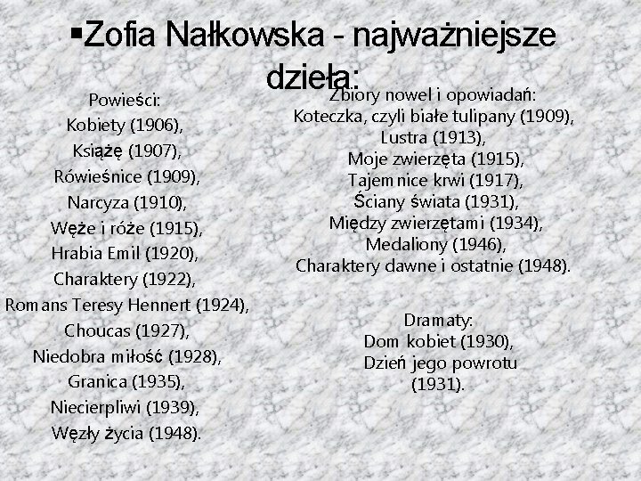 §Zofia Nałkowska - najważniejsze dzieła: Zbiory nowel i opowiadań: Powieści: Kobiety (1906), Książę (1907),