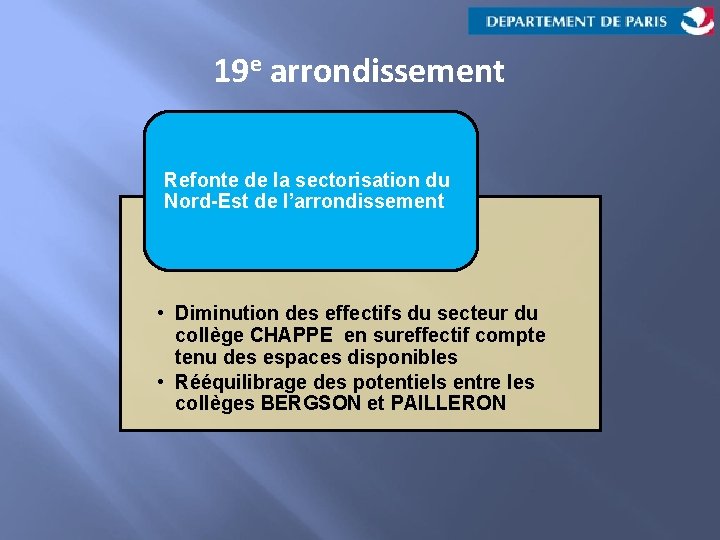 19 e arrondissement Refonte de la sectorisation du Nord-Est de l’arrondissement • Diminution des