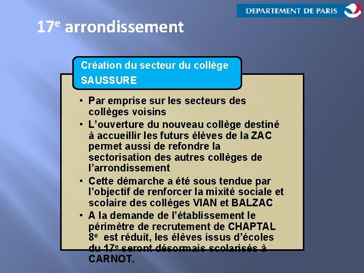 17 e arrondissement Création du secteur du collège SAUSSURE • Par emprise sur les