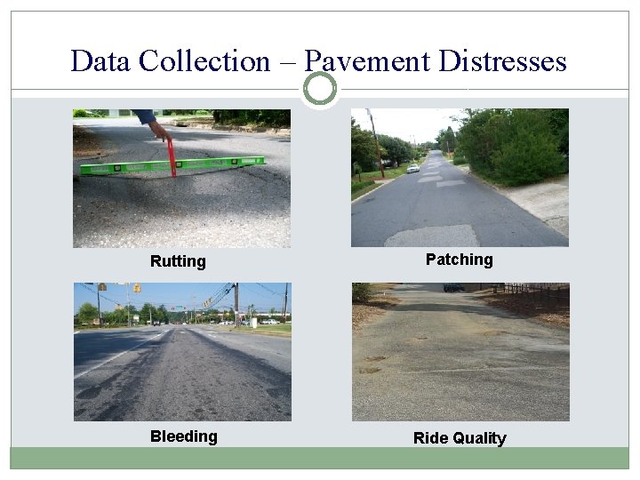 Data Collection – Pavement Distresses Rutting Bleeding Patching Ride Quality 