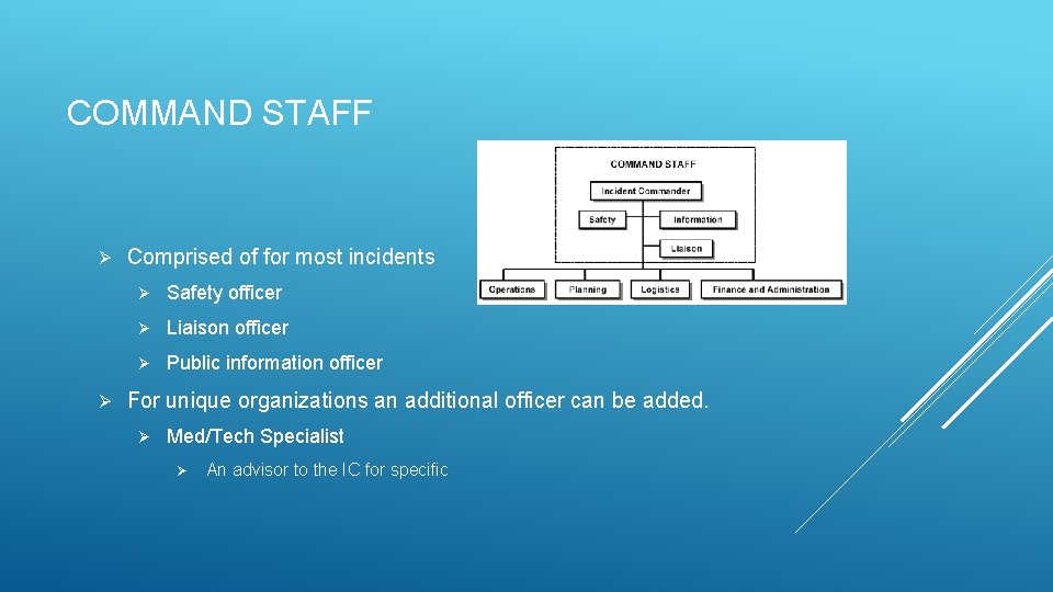 COMMAND STAFF Ø Ø Comprised of for most incidents Ø Safety officer Ø Liaison COMMAND STAFF Ø Ø Comprised of for most incidents Ø Safety officer Ø Liaison