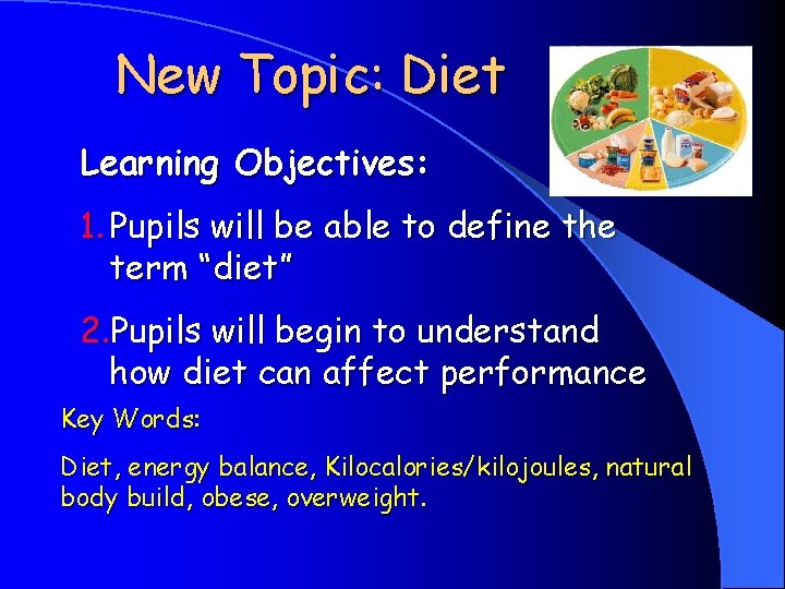 New Topic: Diet Learning Objectives: 1. Pupils will be able to define the term