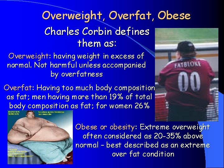 Overweight, Overfat, Obese Charles Corbin defines them as: Overweight: having weight in excess of
