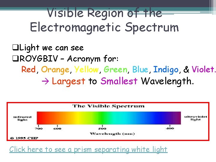 Visible Region of the Electromagnetic Spectrum q. Light we can see q. ROYGBIV –