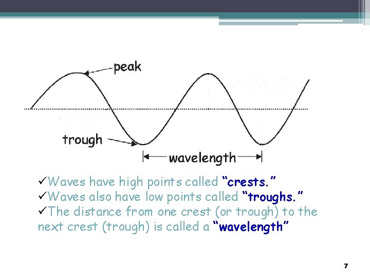Characteristics of a Wave üWaves have high points called “crests. ” üWaves also have