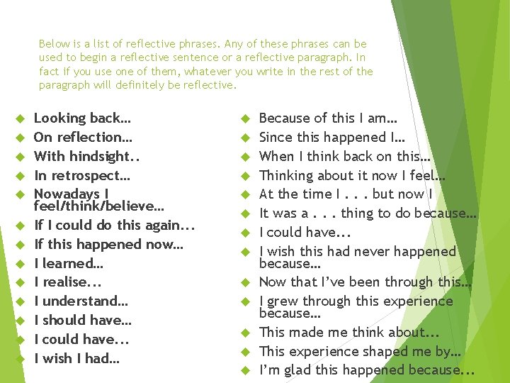 Below is a list of reflective phrases. Any of these phrases can be used