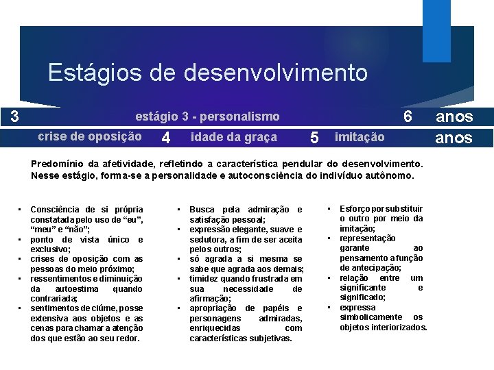 Estágios de desenvolvimento 3 6 estágio 3 - personalismo crise de oposição 4 idade