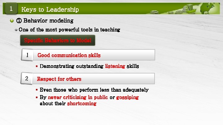 1 Keys to Leadership ① Behavior modeling One of the most powerful tools in