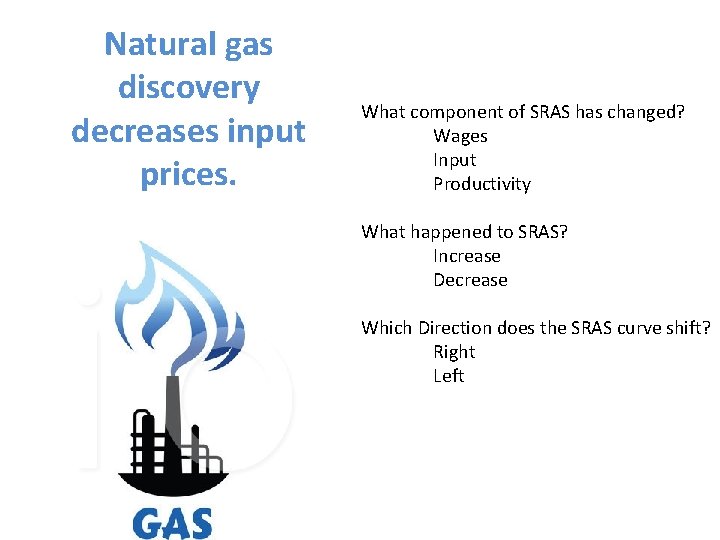 Natural gas discovery decreases input prices. What component of SRAS has changed? Wages Input