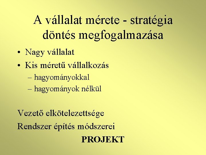 A vállalat mérete - stratégia döntés megfogalmazása • Nagy vállalat • Kis méretű vállalkozás