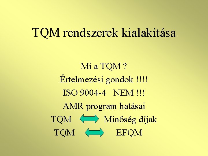 TQM rendszerek kialakítása Mi a TQM ? Értelmezési gondok !!!! ISO 9004 -4 NEM