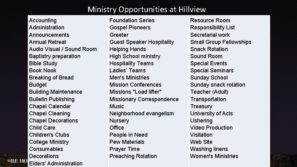 Ministry Opportunities at Hillview Accounting Administration Announcements Annual Retreat Audio Visual / Sound Room
