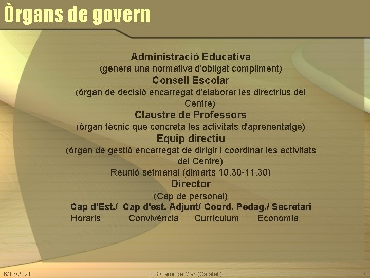 Òrgans de govern Administració Educativa (genera una normativa d'obligat compliment) Consell Escolar (òrgan de