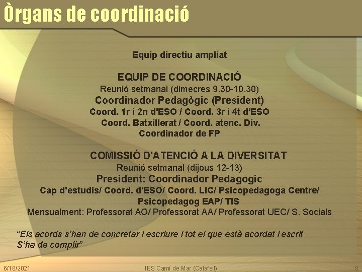 Òrgans de coordinació Equip directiu ampliat EQUIP DE COORDINACIÓ Reunió setmanal (dimecres 9. 30