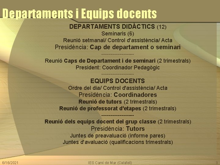 Departaments i Equips docents DEPARTAMENTS DIDÀCTICS (12) Seminaris (6) Reunió setmanal/ Control d'assistència/ Acta