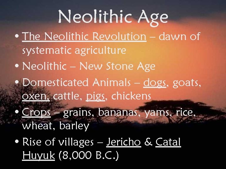 Neolithic Age • The Neolithic Revolution – dawn of systematic agriculture • Neolithic –