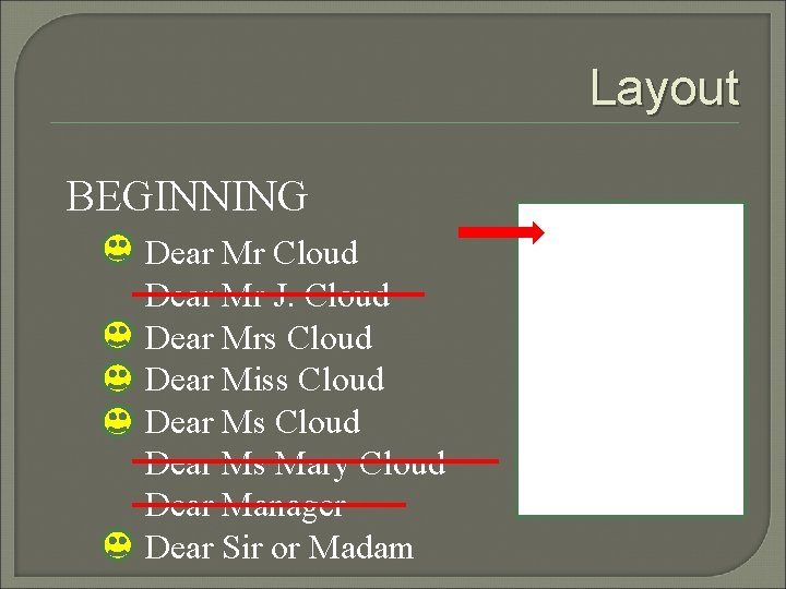 Layout BEGINNING Dear Mr Cloud Dear Mr J. Cloud Dear Mrs Cloud Dear Miss