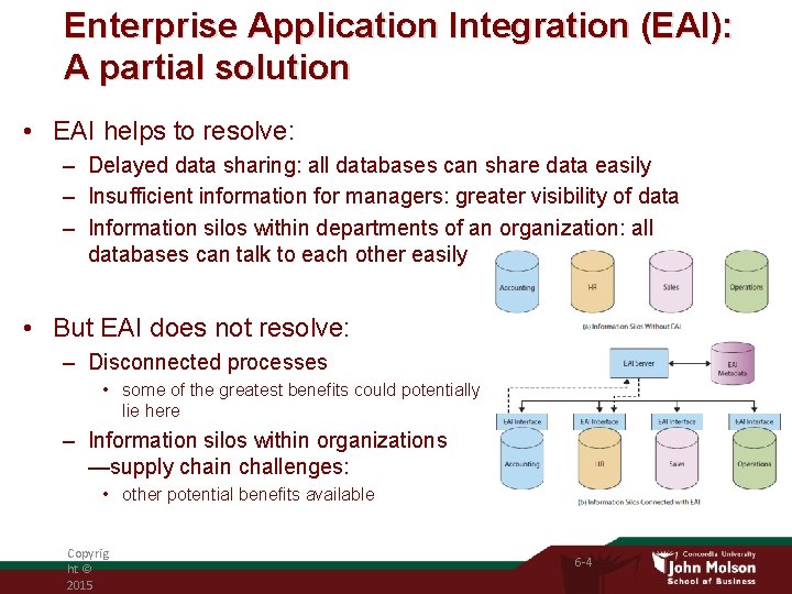 Enterprise Application Integration (EAI): A partial solution • EAI helps to resolve: – Delayed