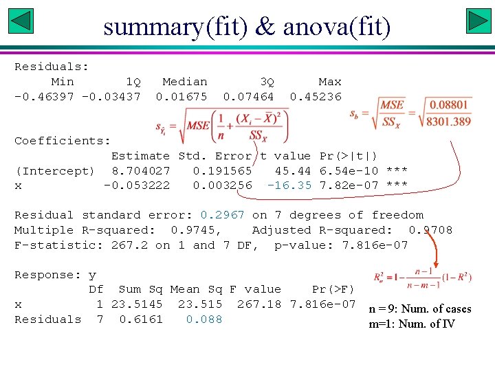 summary(fit) & anova(fit) Residuals: Min 1 Q -0. 46397 -0. 03437 Median 0. 01675