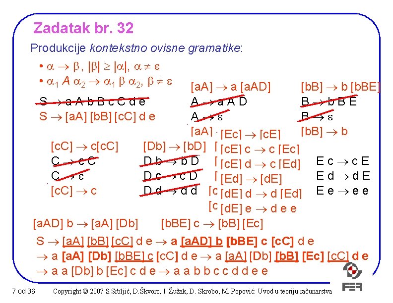 Zadatak br. 32 Produkcije kontekstno ovisne gramatike: • a b , |b| |a|, a
