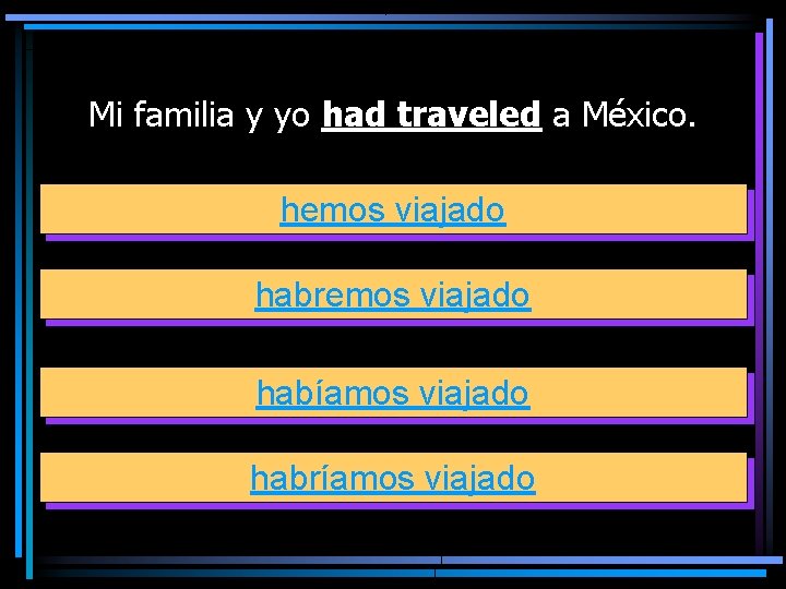 Mi familia y yo had traveled a México. hemos viajado habremos viajado habíamos viajado