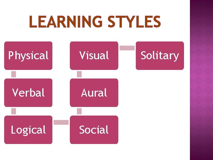 LEARNING STYLES Physical Visual Verbal Aural Logical Social Solitary 